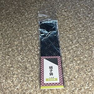 Karinpia Traditional Japanese Folding Fan Case Black Fabric w/ Geometric Pattern